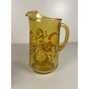 Vintage MCM Hand Painted Amber Glass Pitcher with Floral Design